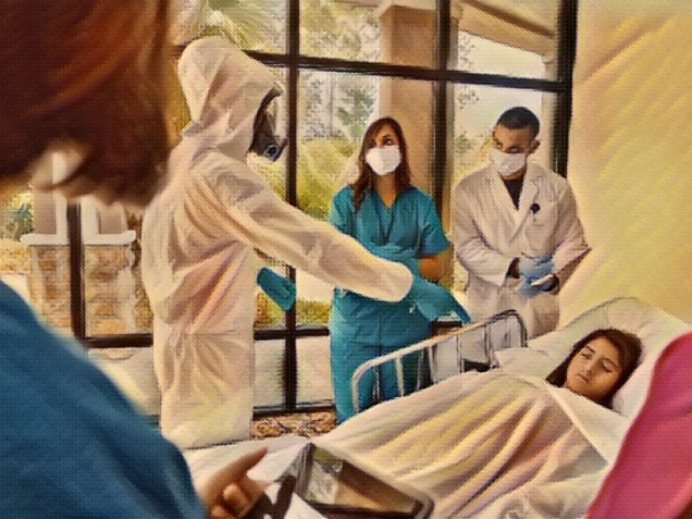 Doctor in hazmat suit quarantining patient with contagious disease
