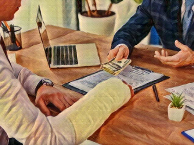 cropped view of businessman in blue jacket sitting at table and giving money to worker with broken arm