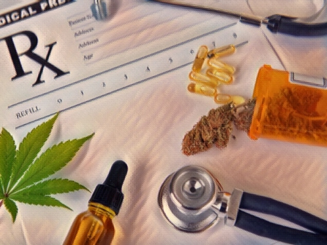 Assorted cannabis products, pills and cbd oil over medical prescription sheet