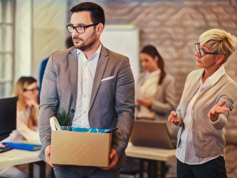 Fired male employee holding box of belongings in an office