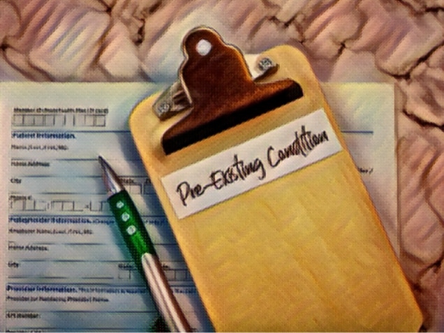 Pre-Existing Condition healthcare concept with pills and money and forms and clipboards, flat lay