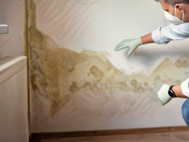 Man with mouth nose mask and blue shirt and gloves in front of white wall with mold