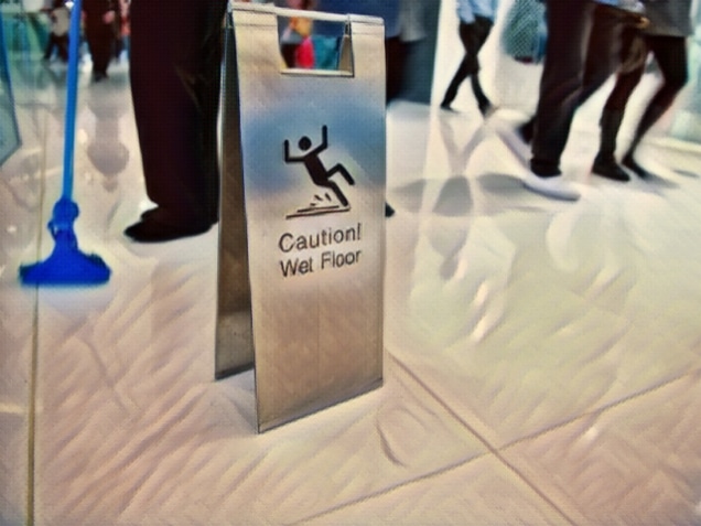 cleaning in progress, and wet floor caution sign. Slip and Fall Liability Claims concept