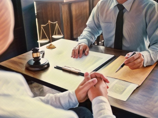 Legal counsel presents to the client a signed contract with gavel and legal law. Concept of Spanish Speaking Attorney