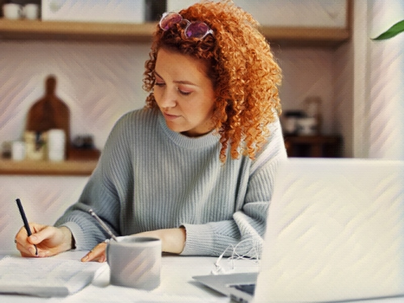 Redhead female interpreter freelancer with curly hair working from home, writing. Concept of Steps in Personal Injury Lawsuit