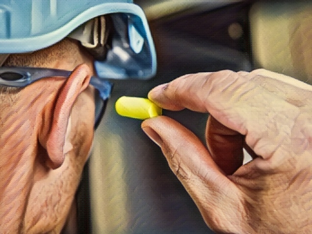 Man taking out or putting on ear plugs