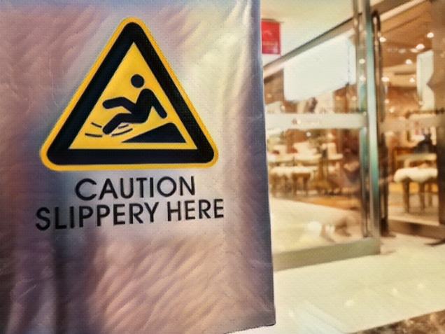 caution sign at store. Concept of Slip and Fall at the Shopping Mall