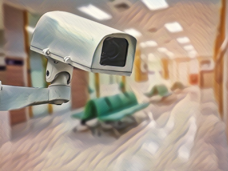 CCTV Closed circuit camera, TV monitoring at modern hospital building construction : security system concept. Surveillance in Personal Injury Claims concept
