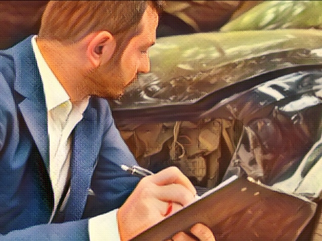 man inspecting car crash