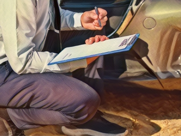 Insurance Agent Inspecting assessed Damaged Car checking and signing on report insurance claim form process after accident collision.