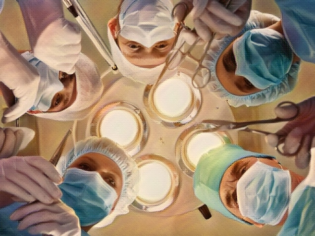 View from below of experienced surgeons with medical tools during operation