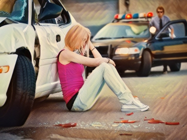 woman sitting beside her car holding her head and a police office was looking at her