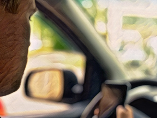 Distracted businessman looking at phone screen in road traffic dangerous driving