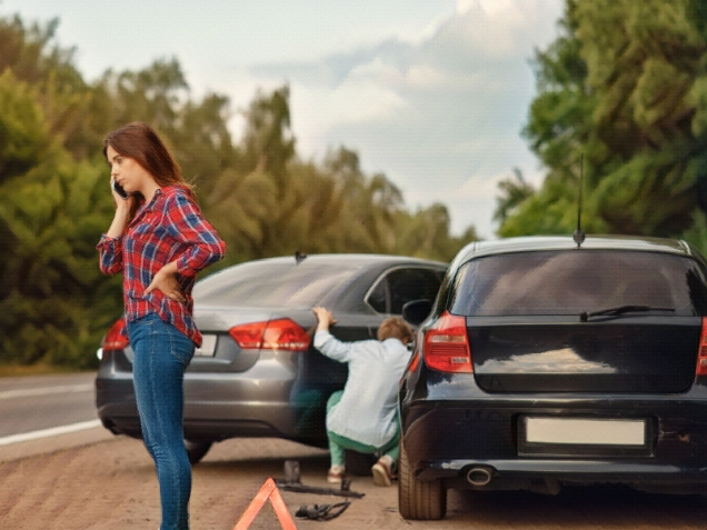 Male and female drivers on road accident. Concept of Should I Sue for a Low Impact Car Accident