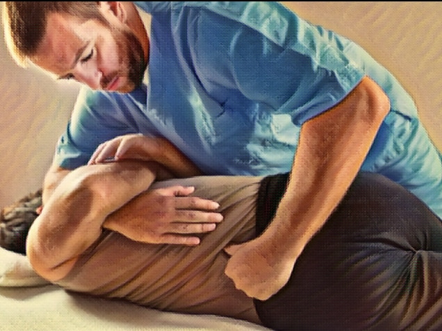 Physiotherapist doing healing treatment on man's back. Therapist wearing blue uniform. Osteopathy. Chiropractic adjustment, patient lying on massage table
