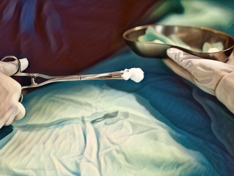 Surgeon wearing gloves placing a cotton sponge into a bowl with sponge forceps