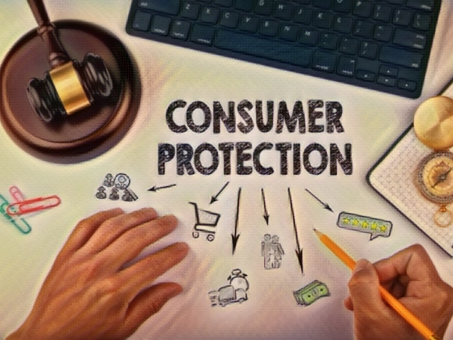 consumer protection, Law and justice concept. Chart with icons. Judge hummer and compass on the desk for setting order right direction