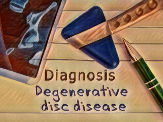 Diagnosis degenerative disc disease. Medical health history written with diagnosis of Lumbar disc disease, MRI image sacral spine and neurological hammer.