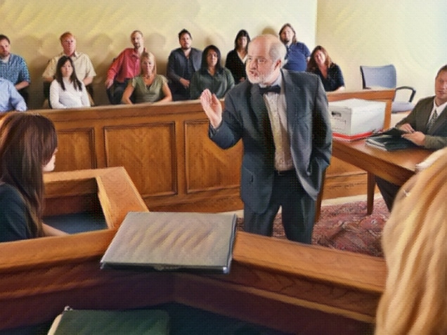 A lawyer questioning a witness in front of the jury in a courtroom.