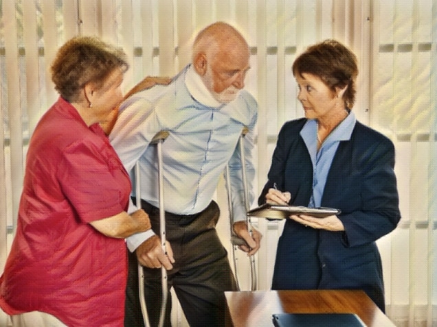 Injured man consulting an attorney about a lawsuit. Concept of SSDI Benefit Calculation