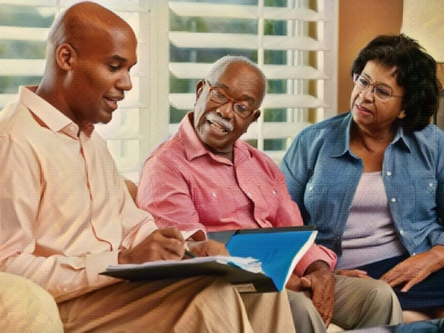 Financial Advisor Talking To Senior Couple At Home. Concept of Social Security Disability and Marriage