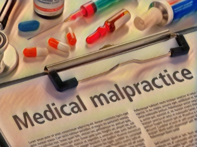 The text Medical malpractice written on a clipboard with medicine on top.