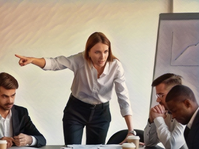 Angry caucasian white female boss manager shout firing sad stressed african american male worker intern at team office meeting,