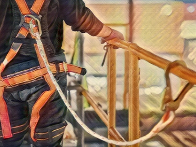Construction worker wearing safety harness and safety line working in a high place