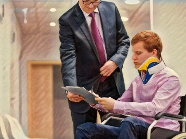 Patient with brace on neck signing documents by doctor. Slip and fall accidents settlements concept