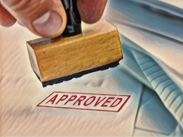 man stamping approved documents or project, shallow depth of field, focus on stamp