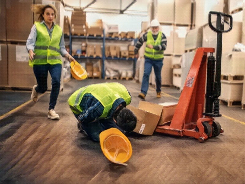 Warehouse worker after an accident in a warehouse. Concept of Who Is Liable When an Amazon Delivery Person Falls On a Customer’s Property