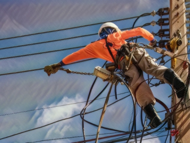 electrician with safety equipment and various work tools is installing cable lines and electrical system on electric power pole