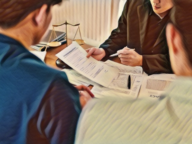 Business man and lawyers discussing contract papers with brass scale on wooden desk in lawyer office.