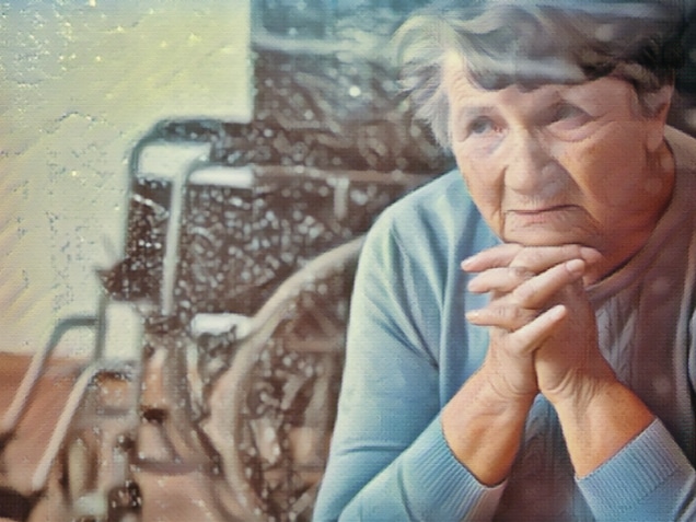 Disabled grandmother praying while sitting at home with wheelchair in background