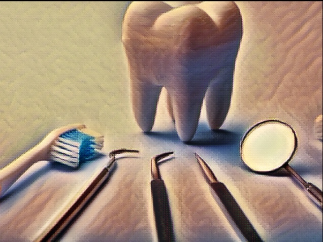 dental model and dental equipment on blue background