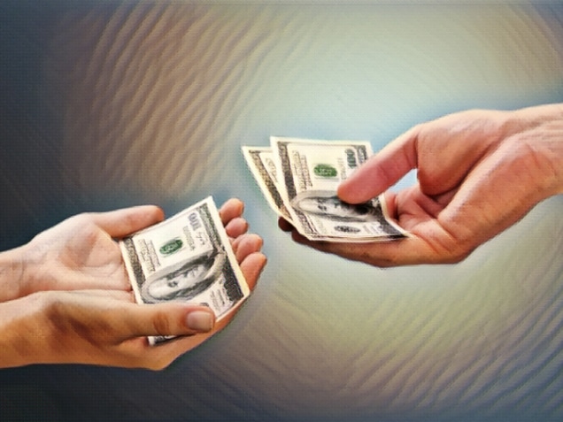 a hand giving money and the other hand accepting the money