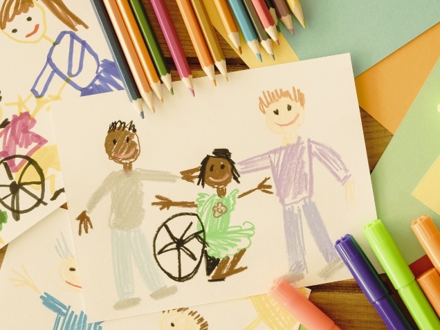 drawing of disabled child and friends