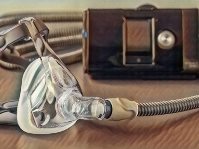 Sleep apnea CPAP mask on the grey table