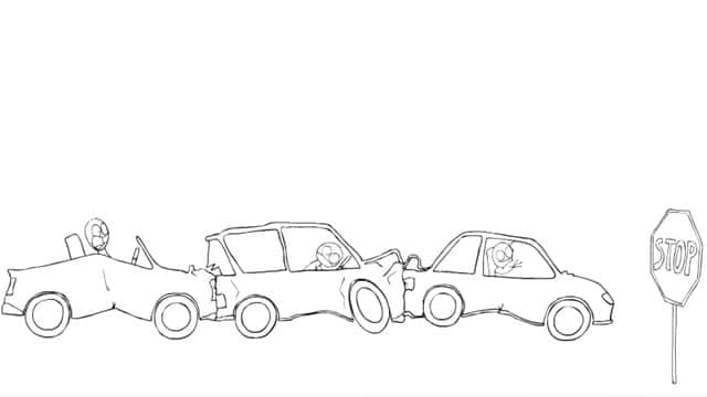 cartoon doodle of 3 car accident at a stop sign