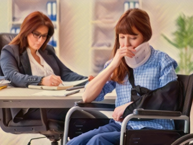 Injured employee visiting lawyer for advice on insurance