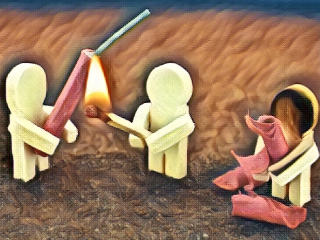 figures lighting a firework and the other was burnt