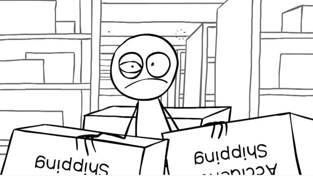 cartoon of tired worker carrying boxes