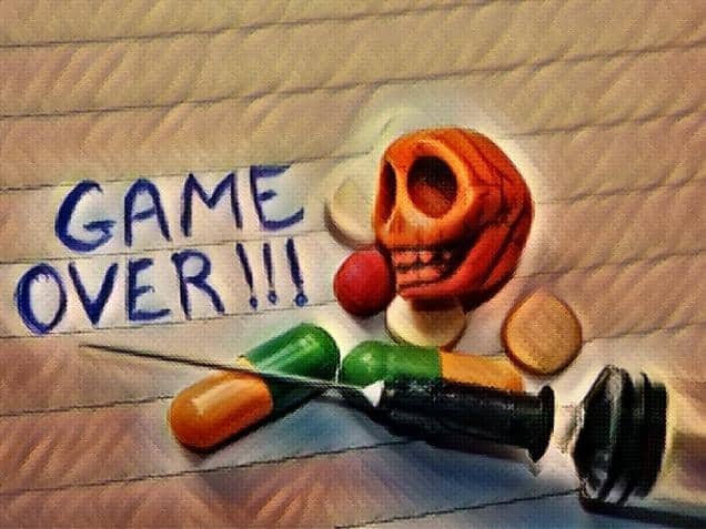 Drugs with words game over and syringe