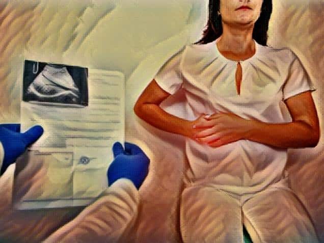 The doctor examines a girl patient with pain in the hypochondrium gall bladder. Gallbladder disease cholecystitis and biliary dyskinesia, cholecystectomy