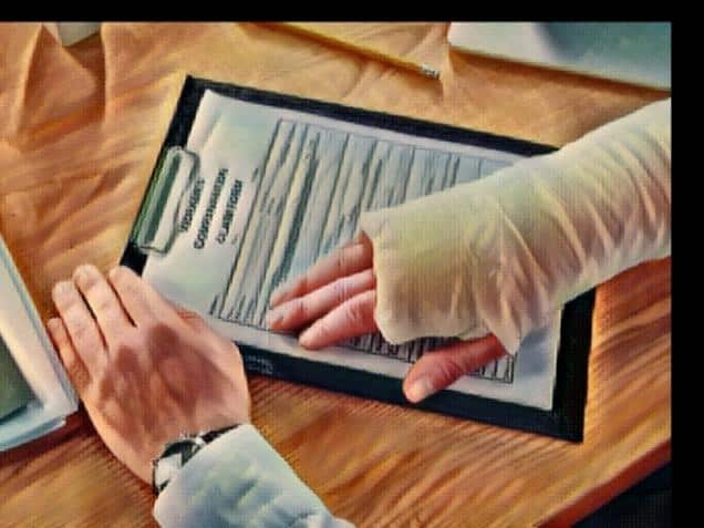 cropped view of worker with broken arm in gypsum holding hands on compensation form in office