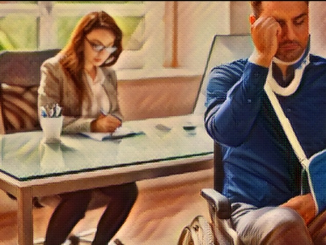 Emotional man with cast on his arm and on a wheel chair while lawyer is writing on a form