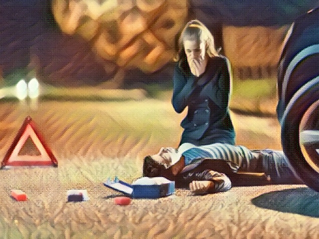 Worried young woman kneeling next to car accident victim on the road