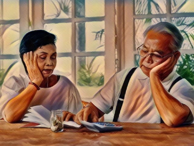 Stressed old Asian senior couple worried about unpaid bank bills. Serious elderly family using calculator to count for loan payment and having money problem