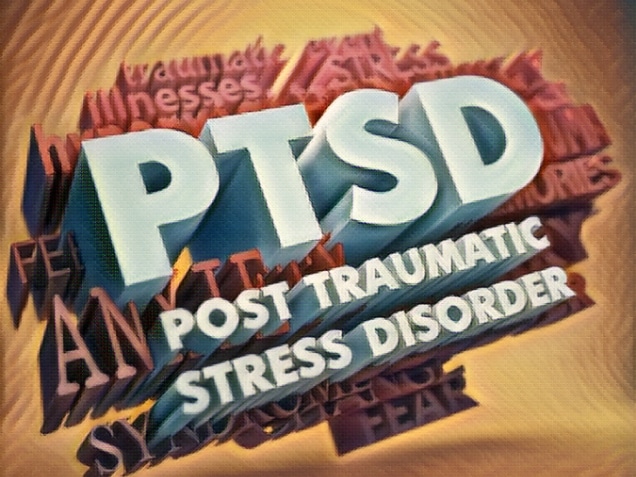 PTSD - Posttraumatic Stress Disorder - the Words in White Color on Cloud of Red Words on Orange Background.