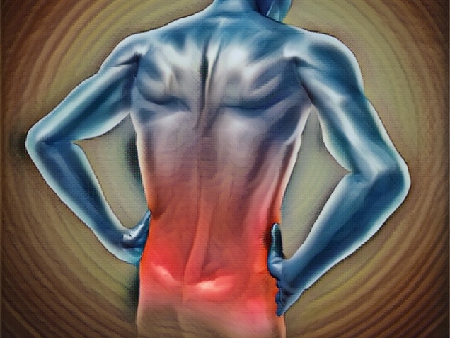 Lower back pain represented by a human body with dorsalgia disease highlighted in red showing chronic spinal medical symptoms that relate to weakness numbness